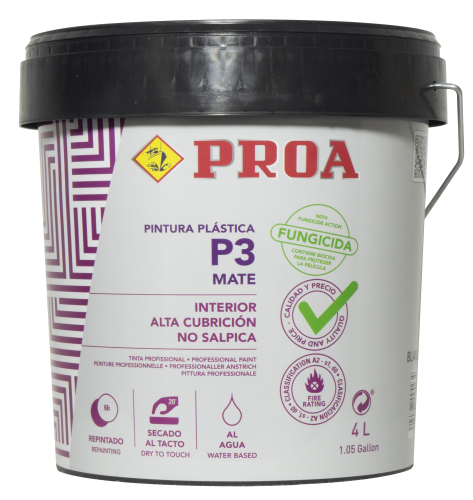 Tinta plástica interior P3. Mate. Excelente cobrição. branco